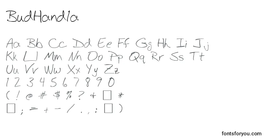 Czcionka BudHand1a – alfabet, cyfry, specjalne znaki