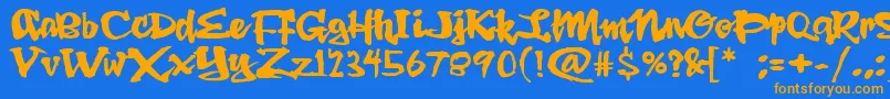 フォントDingRooster – オレンジ色の文字が青い背景にあります。