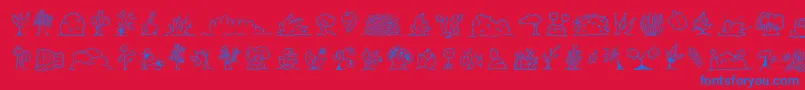 Minipicsuprootedleaf-Schriftart – Blaue Schriften auf rotem Hintergrund