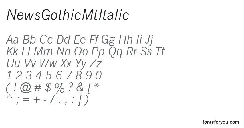 Schriftart NewsGothicMtItalic – Alphabet, Zahlen, spezielle Symbole