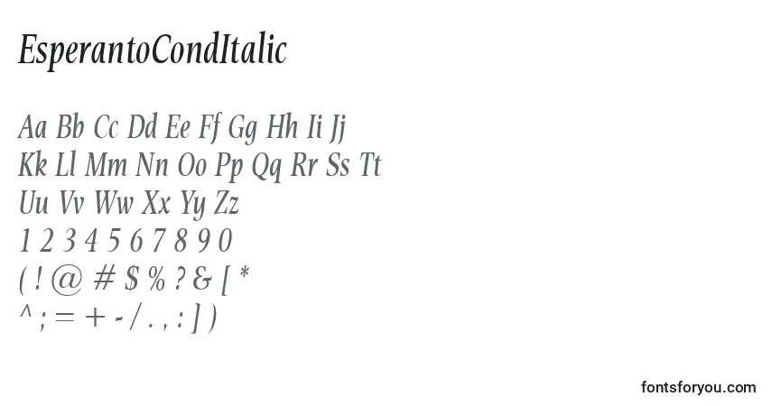 A fonte EsperantoCondItalic – alfabeto, números, caracteres especiais