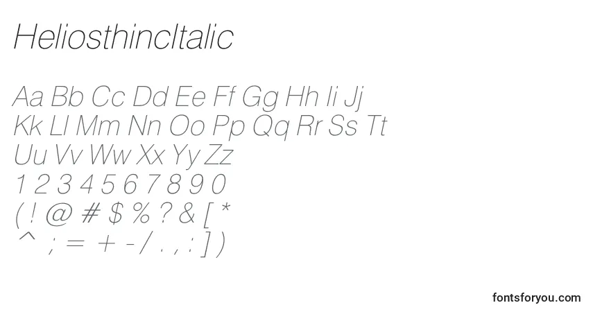 A fonte HeliosthincItalic – alfabeto, números, caracteres especiais