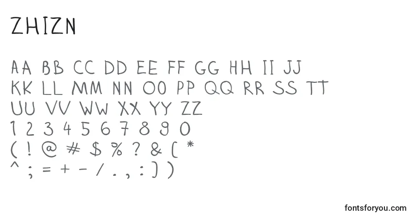 Czcionka Zhizn – alfabet, cyfry, specjalne znaki