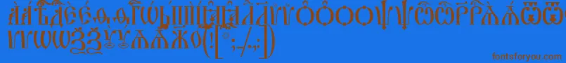 フォントIrmologionCapsUcs – 茶色の文字が青い背景にあります。