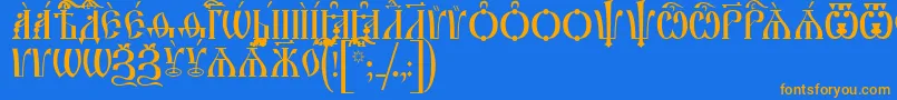 フォントIrmologionCapsUcs – オレンジ色の文字が青い背景にあります。