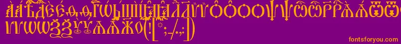 IrmologionCapsUcs-fontti – oranssit fontit violetilla taustalla