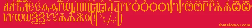 IrmologionCapsUcs-Schriftart – Orangefarbene Schriften auf rotem Hintergrund