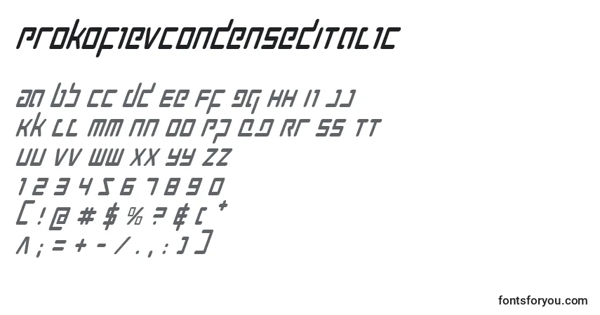 A fonte ProkofievCondensedItalic – alfabeto, números, caracteres especiais