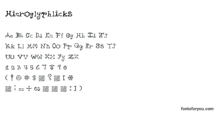 Hieroglyphlicksフォント–アルファベット、数字、特殊文字