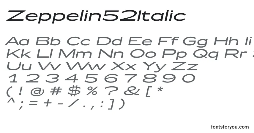 Zeppelin52Italic-fontti – aakkoset, numerot, erikoismerkit