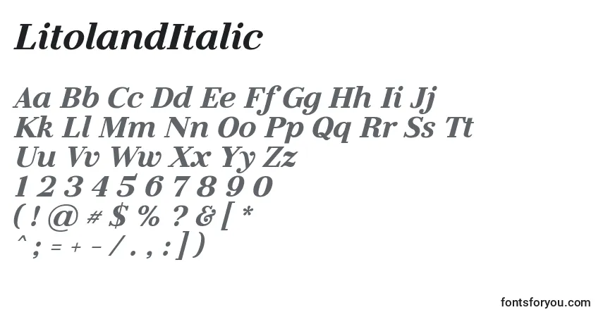 Schriftart LitolandItalic – Alphabet, Zahlen, spezielle Symbole