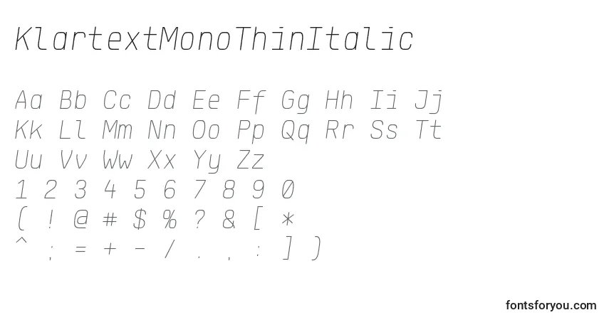 KlartextMonoThinItalicフォント–アルファベット、数字、特殊文字