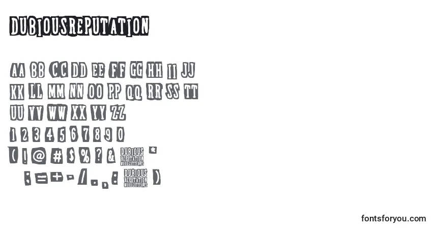 A fonte DubiousReputation – alfabeto, números, caracteres especiais