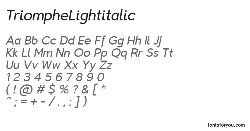 Schriftart TriompheLightitalic – Alphabet, Zahlen, spezielle Symbole