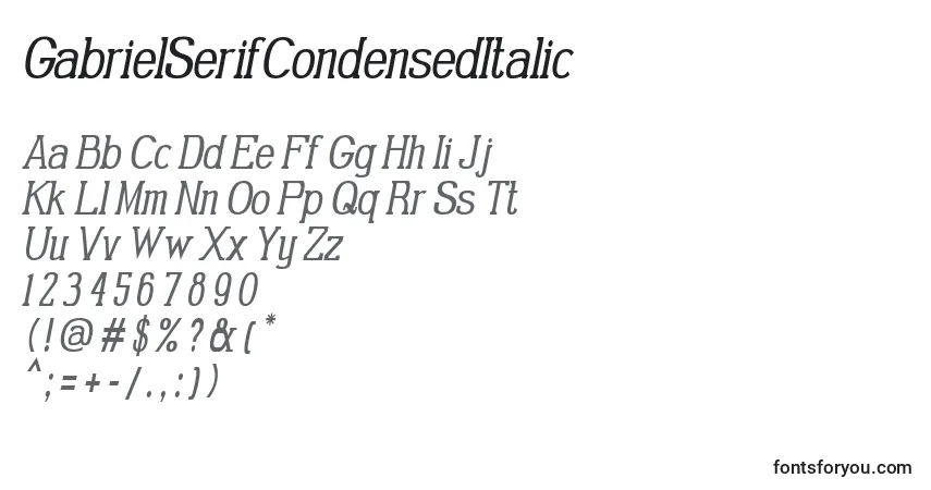 A fonte GabrielSerifCondensedItalic – alfabeto, números, caracteres especiais