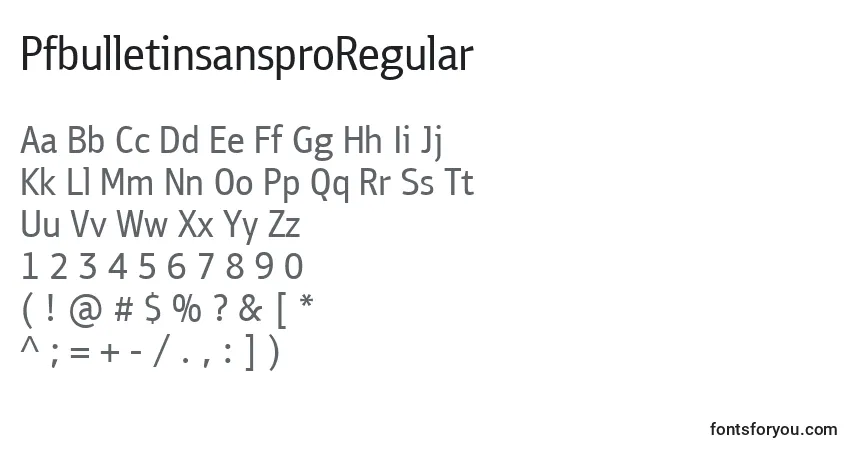 Czcionka PfbulletinsansproRegular – alfabet, cyfry, specjalne znaki