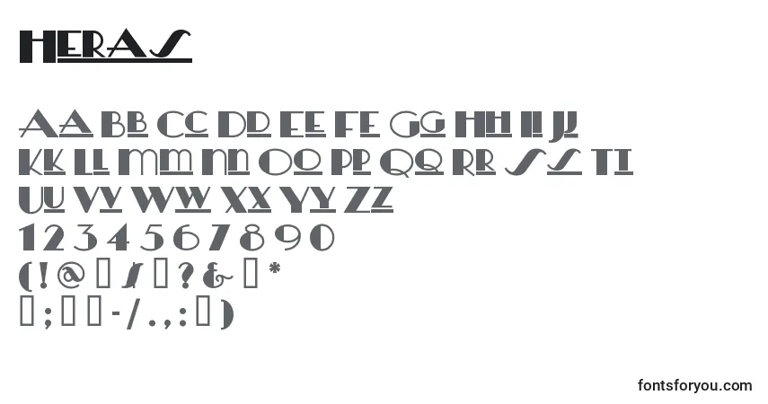 Schriftart Heras – Alphabet, Zahlen, spezielle Symbole