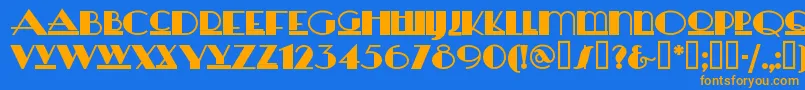 フォントHeras – オレンジ色の文字が青い背景にあります。