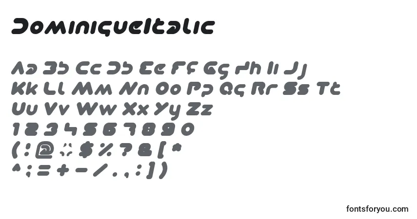 A fonte DominiqueItalic – alfabeto, números, caracteres especiais
