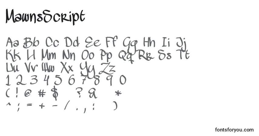Czcionka MawnsScript – alfabet, cyfry, specjalne znaki