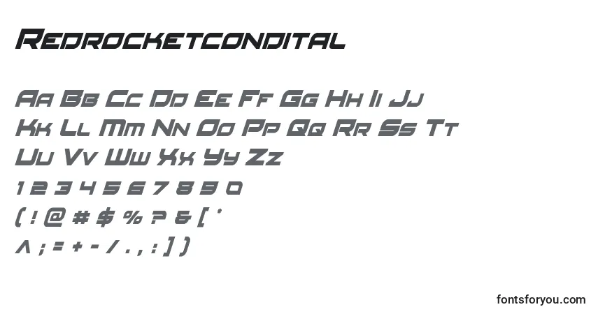 A fonte Redrocketcondital – alfabeto, números, caracteres especiais