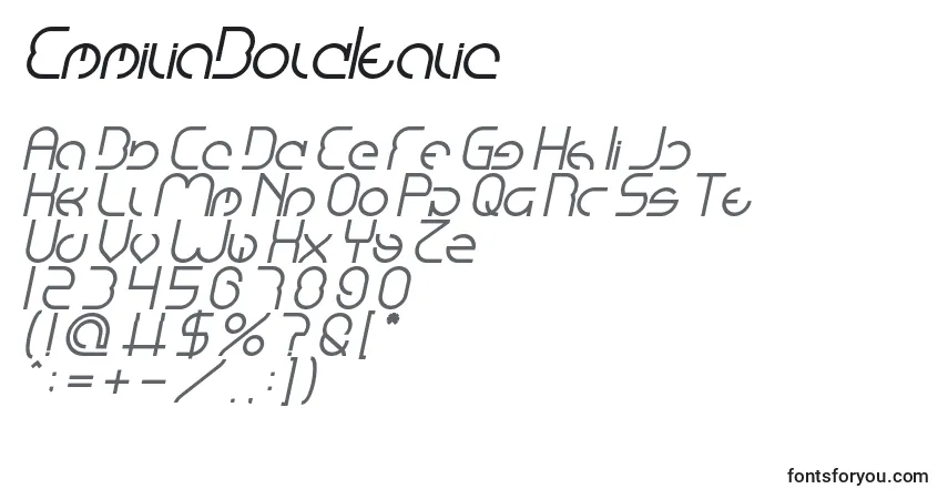 Schriftart EmmiliaBoldItalic – Alphabet, Zahlen, spezielle Symbole