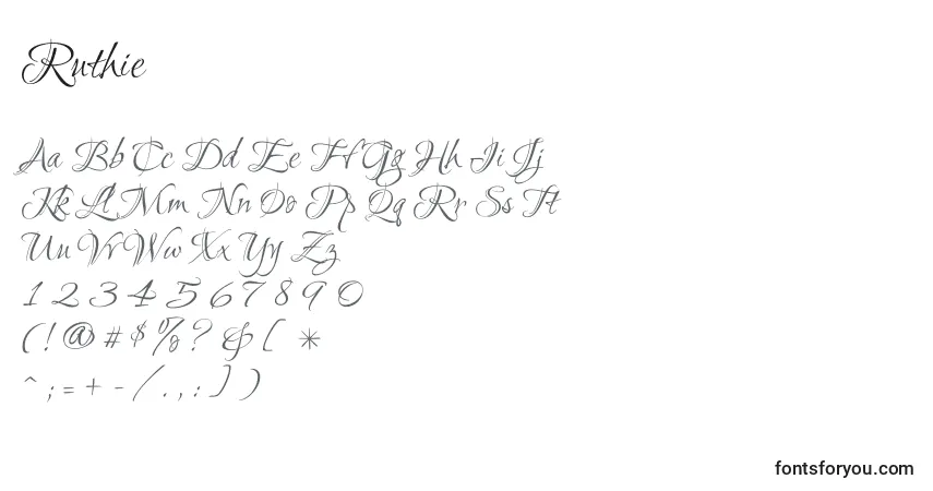 Czcionka Ruthie – alfabet, cyfry, specjalne znaki
