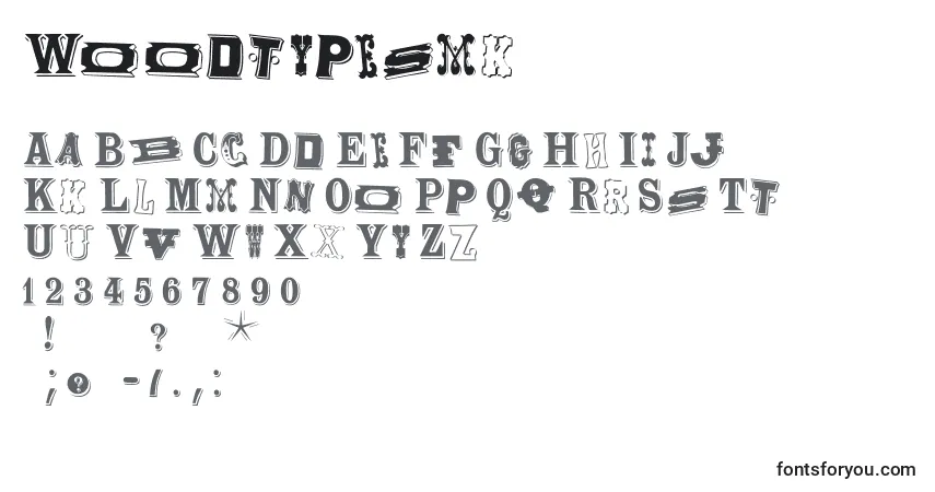 Schriftart Woodtypesmk – Alphabet, Zahlen, spezielle Symbole