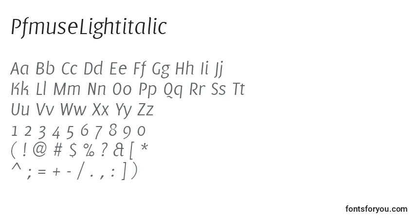 Schriftart PfmuseLightitalic – Alphabet, Zahlen, spezielle Symbole