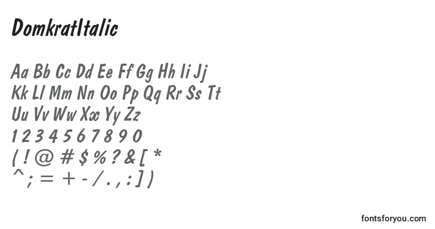 A fonte DomkratItalic – alfabeto, números, caracteres especiais
