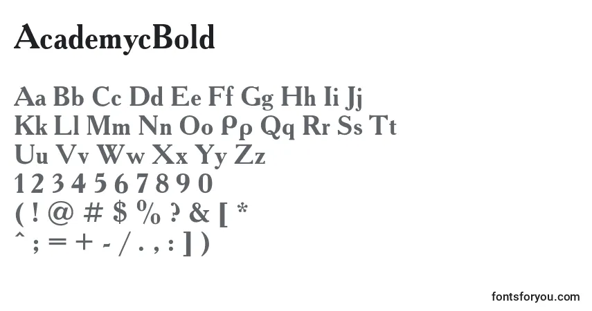 A fonte AcademycBold – alfabeto, números, caracteres especiais