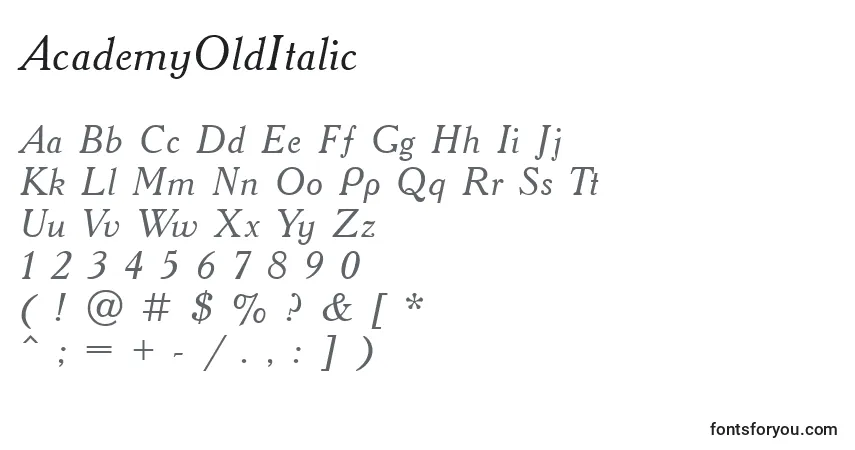 Шрифт AcademyOldItalic – алфавит, цифры, специальные символы