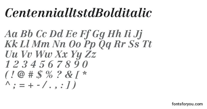 A fonte CentennialltstdBolditalic – alfabeto, números, caracteres especiais
