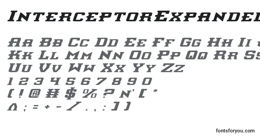 A fonte InterceptorExpandedItalic – alfabeto, números, caracteres especiais