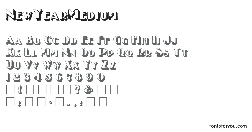 A fonte NewYearMedium – alfabeto, números, caracteres especiais