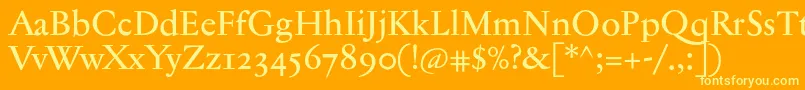 Jannontextmedosf-Schriftart – Gelbe Schriften auf orangefarbenem Hintergrund