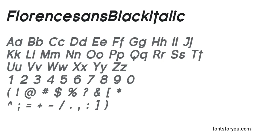 Шрифт FlorencesansBlackItalic – алфавит, цифры, специальные символы