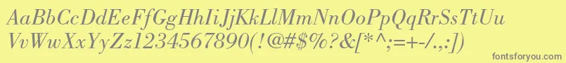 BodonistdBookitalic-fontti – harmaat kirjasimet keltaisella taustalla