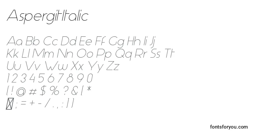 Czcionka AspergitItalic – alfabet, cyfry, specjalne znaki