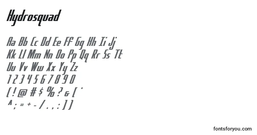 A fonte Hydrosquad – alfabeto, números, caracteres especiais