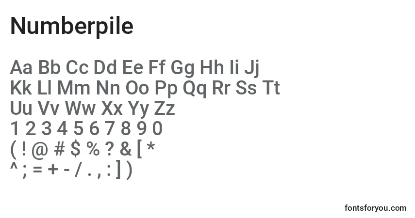 Czcionka Numberpile – alfabet, cyfry, specjalne znaki