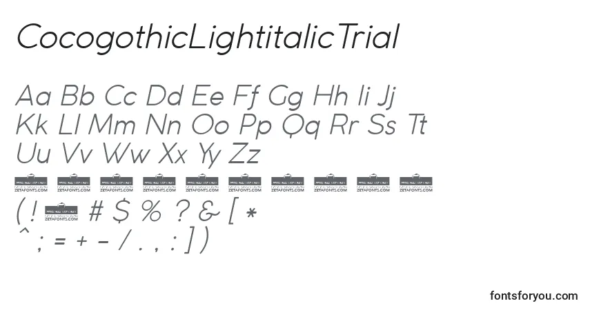 Czcionka CocogothicLightitalicTrial – alfabet, cyfry, specjalne znaki