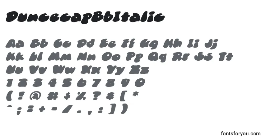 Czcionka DuncecapBbItalic – alfabet, cyfry, specjalne znaki