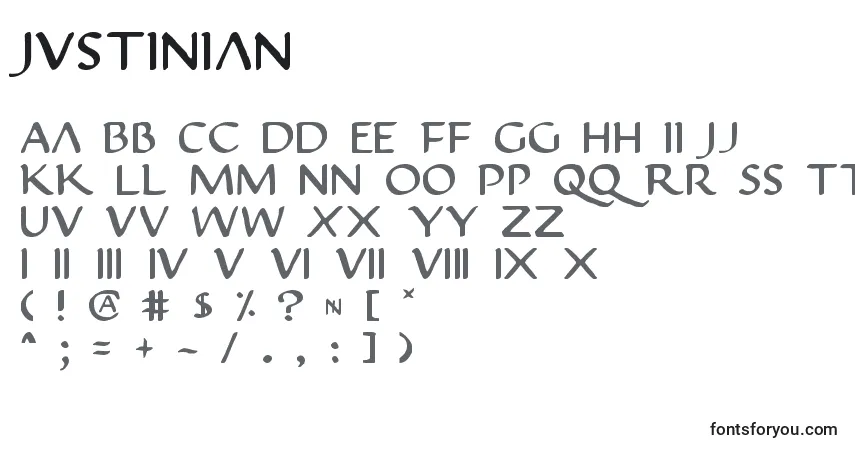 Czcionka Justinian – alfabet, cyfry, specjalne znaki