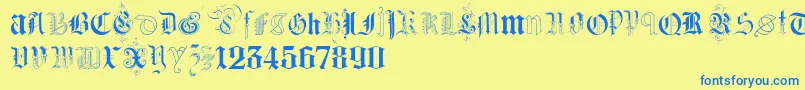 フォントKidnappedAtGermanLandsTwo – 青い文字が黄色の背景にあります。