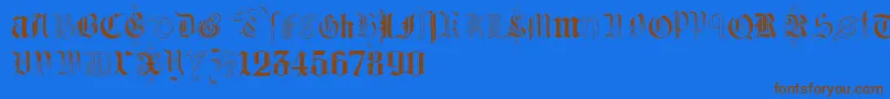 フォントKidnappedAtGermanLandsTwo – 茶色の文字が青い背景にあります。