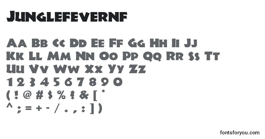 Czcionka Junglefevernf – alfabet, cyfry, specjalne znaki