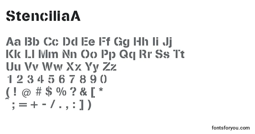 Fuente StenciliaA - alfabeto, números, caracteres especiales
