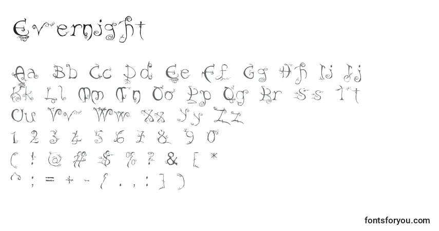 Czcionka Evernight – alfabet, cyfry, specjalne znaki