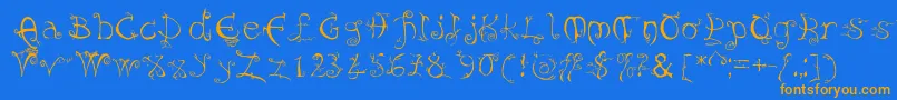 フォントEvernight – オレンジ色の文字が青い背景にあります。